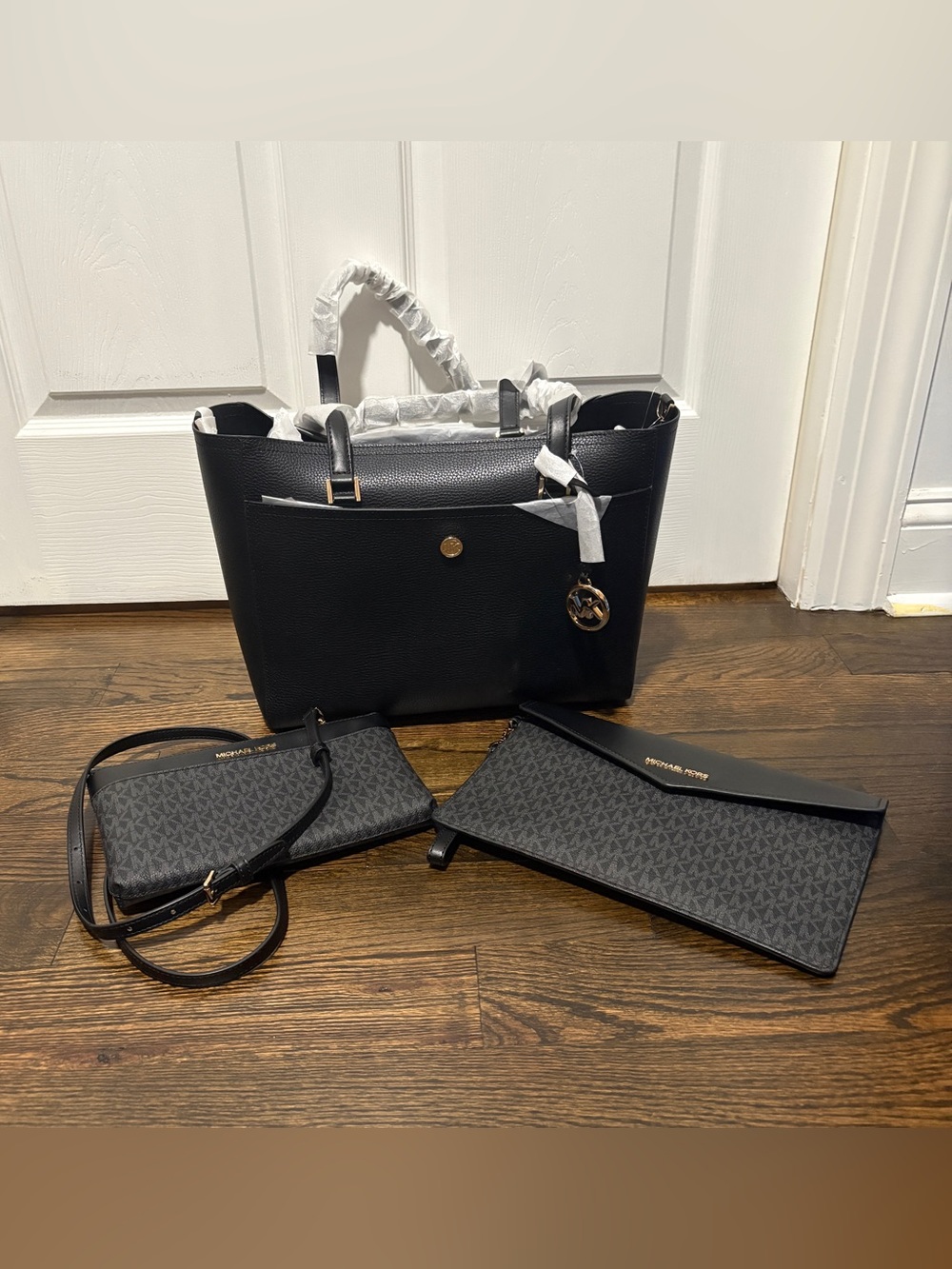 Michael Kors Black Leather Tote with Matching Signature Pouches